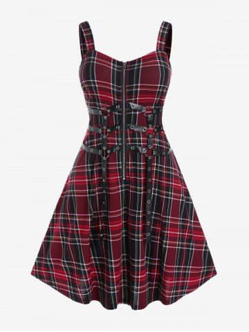 Plus Siz Backless Grommet Half Zipper Plaid Gothic A Line Dress - RED WINE - S | US 8