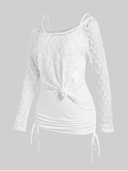 Plus Size Solid Skew Neck Lace Tee and Cinched Ruched Tank Top Set - WHITE - 1X | US 14-16
