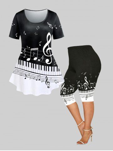Musical Notes Piano Key Print Tee and Skinny Capri Leggings Plus Size Outfit - BLACK