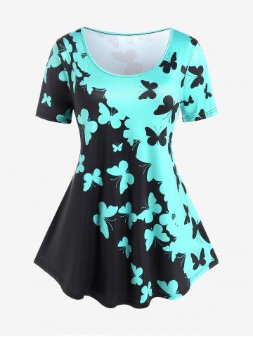Plus Size Colorblock Butterfly Print Tee - GREEN - M | US 10
