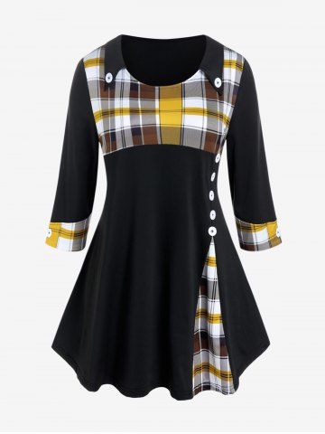 Plus Size Plaid Three Quarter Tee with Buttons - BLACK - M | US 10