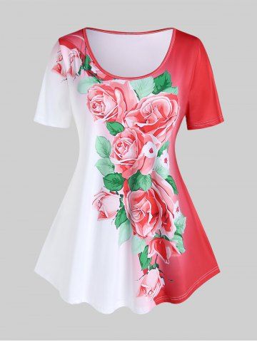 Plus Size Colorblock Rose Print Tee - RED - 2X | US 18-20