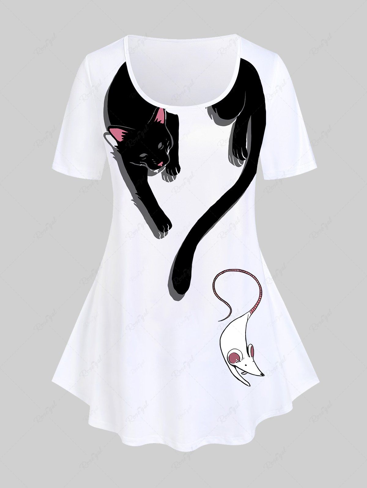 T-shirt à Imprimé Chat Souris de Grande Taille Blanc 5x | US 30-32
