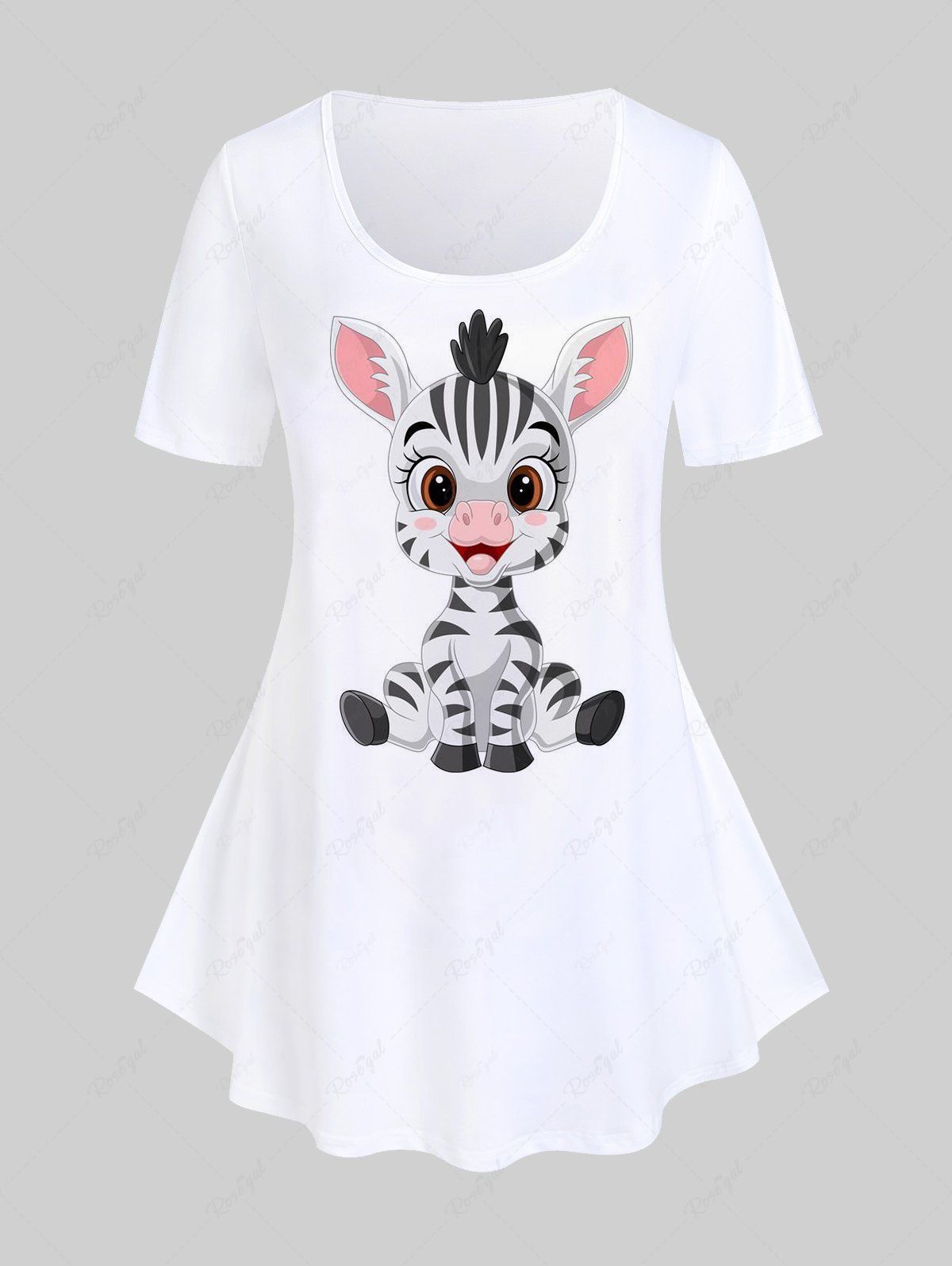 T-shirt à Imprimé Zèbre de Dessin Animé à Manches Courtes Grande Taille Blanc 1x | US 14-16