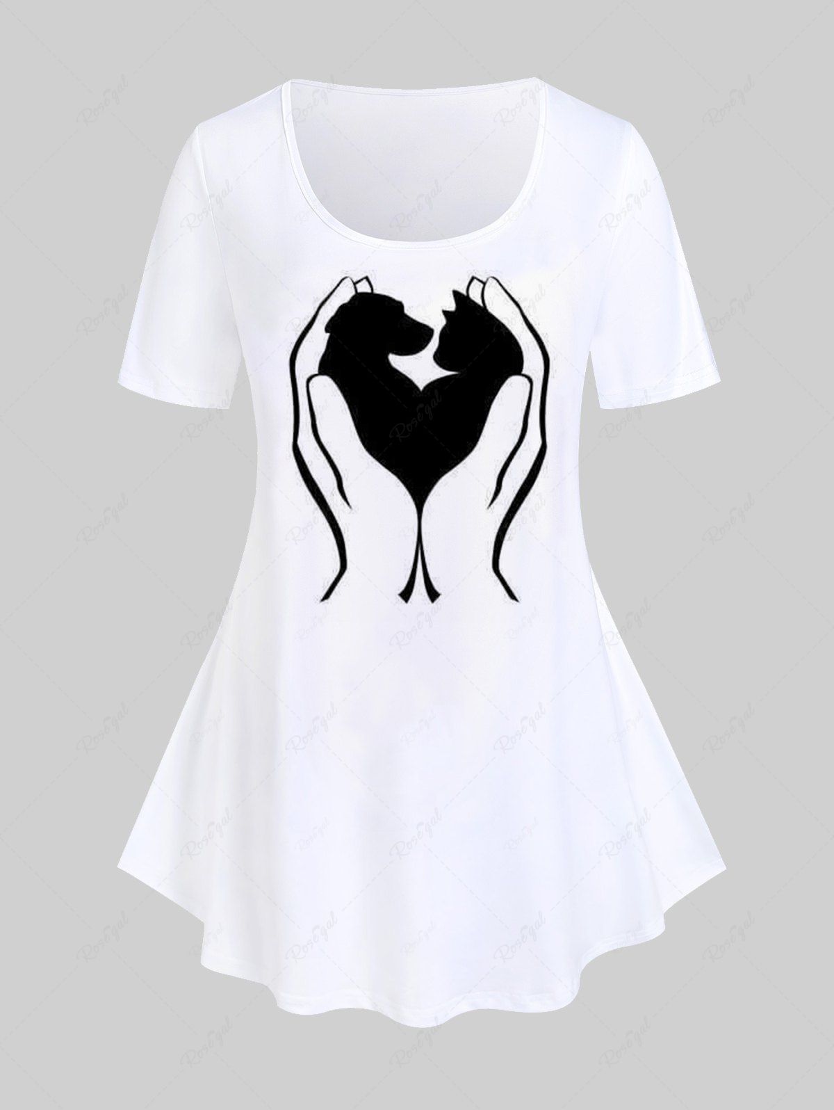 T-shirt à Imprimé Chat et Chien Drôle Grande Taille Blanc 5x | US 30-32