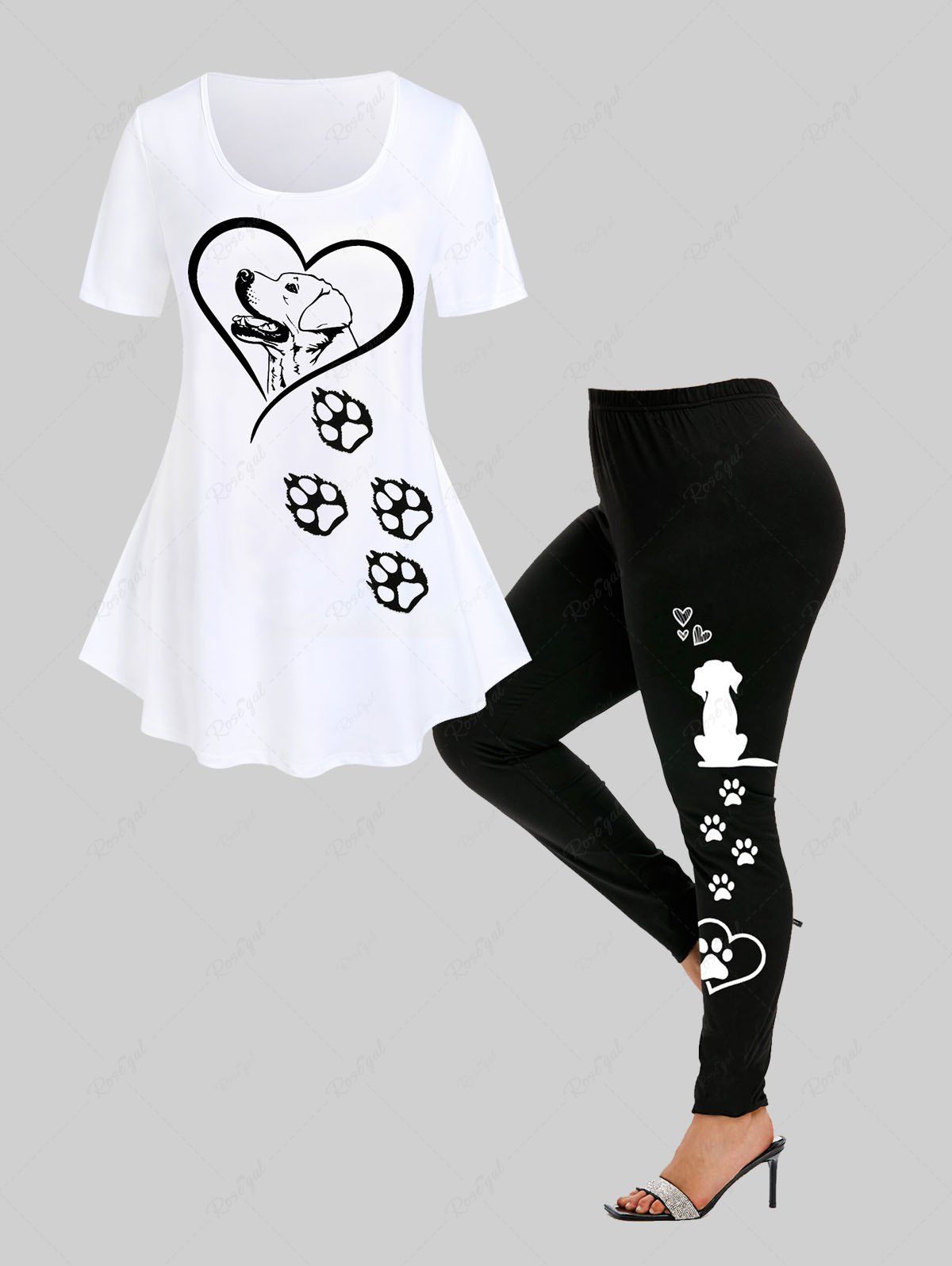 Trendy Dog Footprints T-shirt and High Waist Dog Paw Print Leggings Plus Size Outfit  