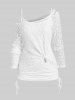 Plus Size Solid Skew Neck Lace Tee and Cinched Ruched Tank Top Set -  