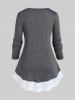 Plus Size Two Tone Long Sleeves 2 in 1 Tee with Buttons -  