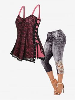 Gothic Skull Lace Overlay Tank Top and 3D Denim Print Capri Jeggings Plus Size Outfit - DEEP RED