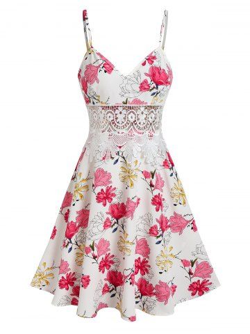 Vestido de panel de encaje de impresión floral - WHITE - L