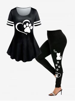 Animal Cat Paw Heart Print Tee and Skinny Leggings Plus Size Outfit - BLACK