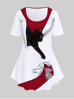 Plus Size Animal Cat and Mouse Print Tee - DEEP RED - L | US 12