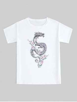 Unisex Dragon Floral Printed Short Sleeves Tee