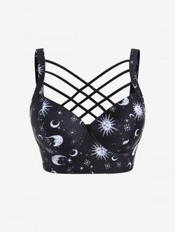 Plus Size Sun Moon Print Crisscross Underwire Longline Bikini Bra - BLACK - M | US 10