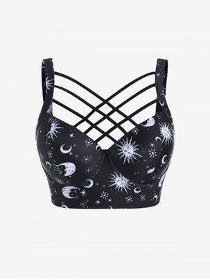 Plus Size Sun Moon Print Crisscross Underwire Longline Bikini Bra