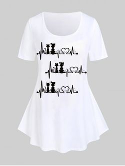 T-shirt Graphique à Imprimé Chat et ECG de Grande Taille - WHITE - 4X | US 26-28
