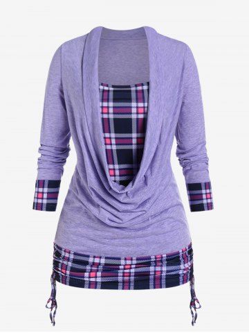 Plus Size Plaid Draped Cowl Cinched Ruched 2 in 1 Tee - PURPLE - L | US 12