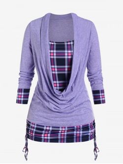 Plus Size Plaid Draped Cowl Cinched Ruched 2 in 1 Tee - PURPLE - 5X | US 30-32