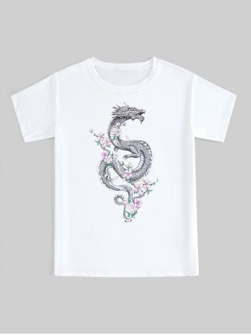 Unisex Dragon Floral Printed Short Sleeves Tee - WHITE - L