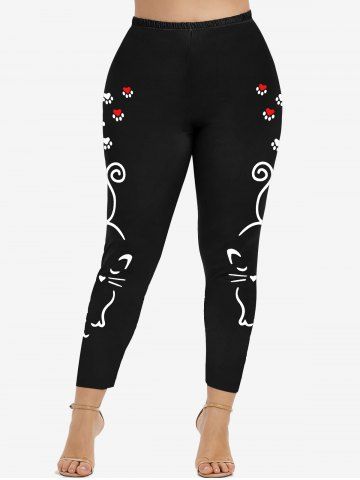 Plus Size Cartoon Cat Printed High Rise Leggings
