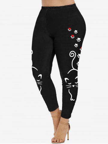 Plus Size Cartoon Cat Printed High Rise Leggings