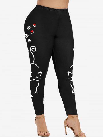 Plus Size Cartoon Cat Printed High Rise Leggings
