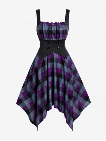 Plus Size Square Neck Plaid Handkerchief Midi Dress - CONCORD - L | US 12