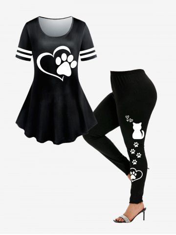 Animal Cat Paw Heart Print Tee and Skinny Leggings Plus Size Outfit