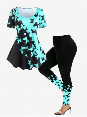 Butterfly Print Colorblock Tee and Butterfly Print Colorblock Leggings Plus Size Outfit