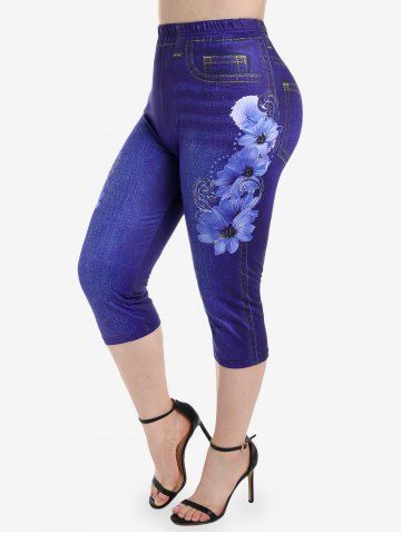 Plus Size Floral 3D Denim Print Capri Jeggings - BLUE - 1X | US 14-16