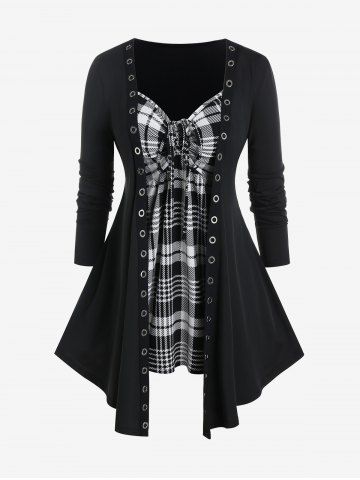 Plus Size Plaid Grommets Faux Twinset Tee