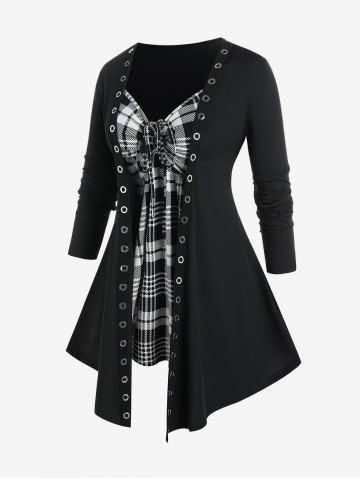 Plus Size Plaid Grommets Faux Twinset Tee