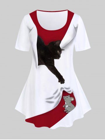 Plus Size Animal Cat and Mouse Print Tee - DEEP RED - 4X | US 26-28