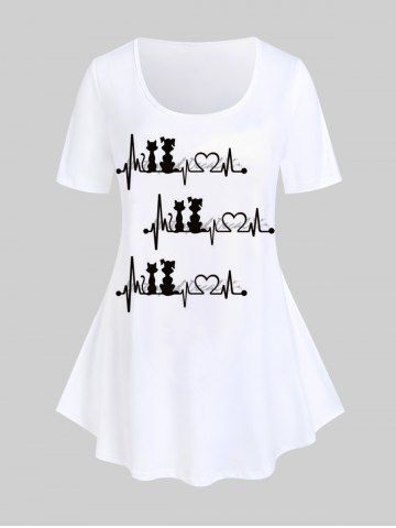 T-shirt Graphique à Imprimé Chat et ECG de Grande Taille - WHITE - 5X | US 30-32