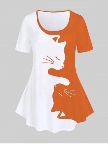 T-shirt Bicolore Motif de Chat de Grande Taille à Manches Courtes - ORANGE - 5X | US 30-32