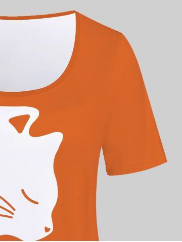 Plus Size Cat Pattern Two Tone Short Sleeves Tee