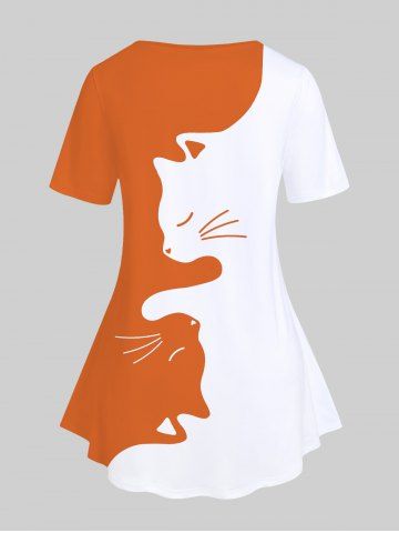 Plus Size Cat Pattern Two Tone Short Sleeves Tee