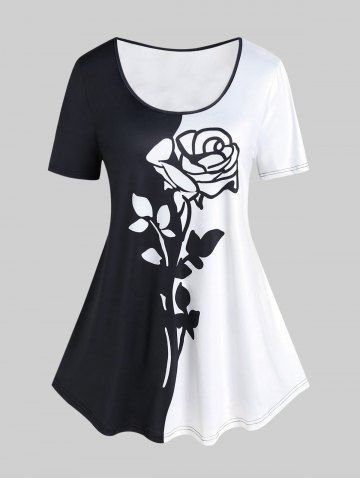 Plus Size Rose Print Colorblock Tee - BLACK - 4X | US 26-28
