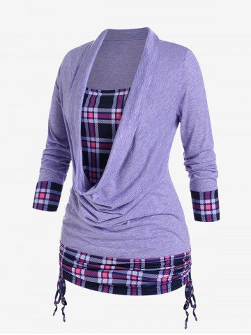 Plus Size Plaid Draped Cowl Cinched Ruched 2 in 1 Tee