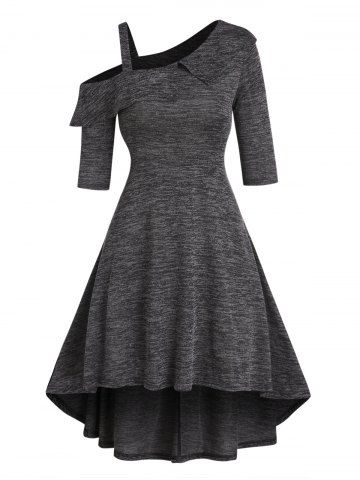 Cold Shoulder Skew Neck Flounce Heather High Low Dress - DARK GRAY - XL