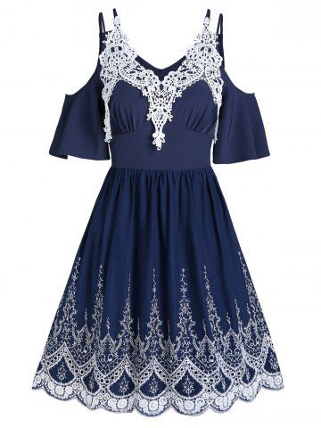 Contrast Crochet Flower Lace Cold Shoulder Dual Straps V Neck Scalloped Dress - DEEP BLUE - XL