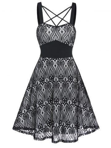 Tribal Pattern Lace Mini A Line Dress - BLACK - L