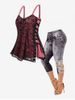 Gothic Skull Lace Overlay Tank Top and 3D Denim Print Capri Jeggings Plus Size Outfit -  