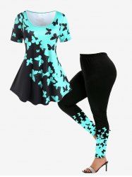 Butterfly Print Colorblock Tee and Butterfly Print Colorblock Leggings Plus Size Outfit -  