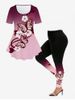 Ensemble de T-shirt Tunique et Legging Ombré à Imprimé Papillon et Fleur de Grande Taille - Rose clair 