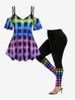 Colorful Plaid Cold Shoulder Tee and Skinny Leggings Plus Size Outfit -  
