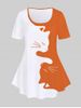 T-shirt Bicolore Motif de Chat de Grande Taille à Manches Courtes - Orange 