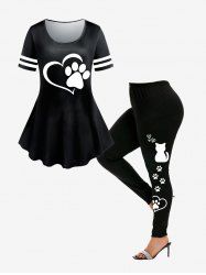 Animal Cat Paw Heart Print Tee and Skinny Leggings Plus Size Outfit -  
