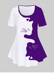 Plus Size Cat Pattern Two Tone Short Sleeves Tee -  