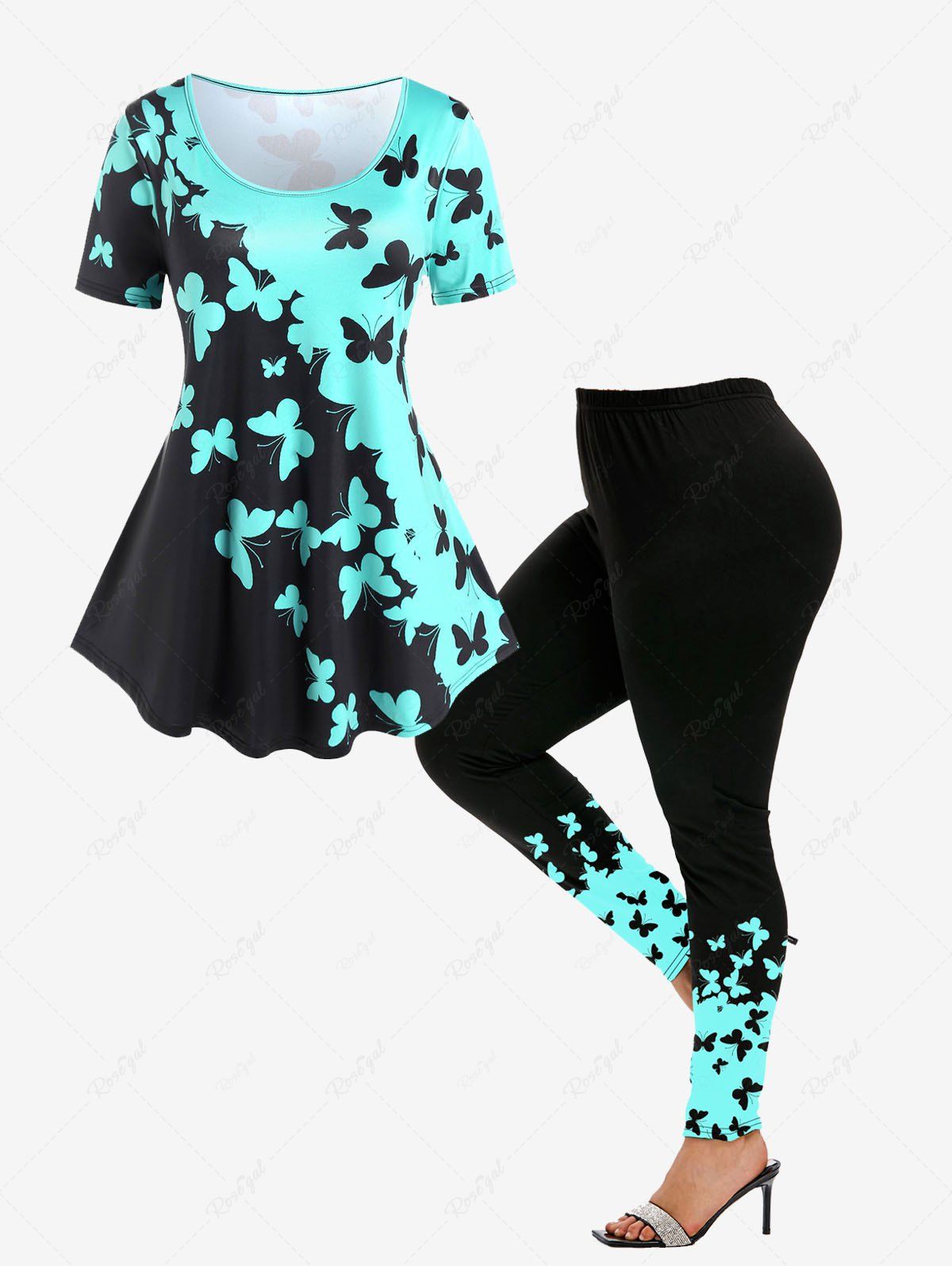 Outfit Butterfly Print Colorblock Tee and Butterfly Print Colorblock Leggings Plus Size Outfit  